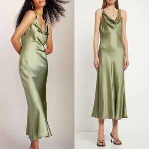 Reformation Bryn Silk Dress 6 NEW Midi Artichoke Green Scoop Neck Sleeveless